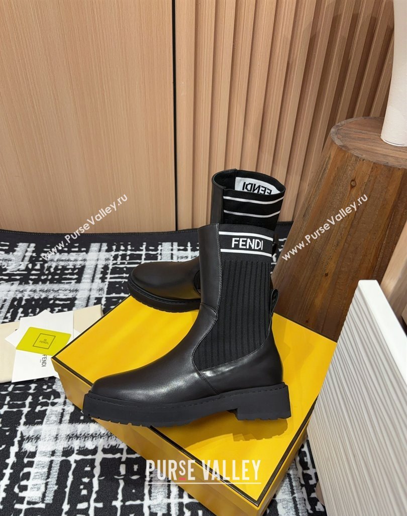 Fendi Rockoko Ankle Short Boots 3cm in Leather and Knit Black/White 2024 0930 (MD-240930097)