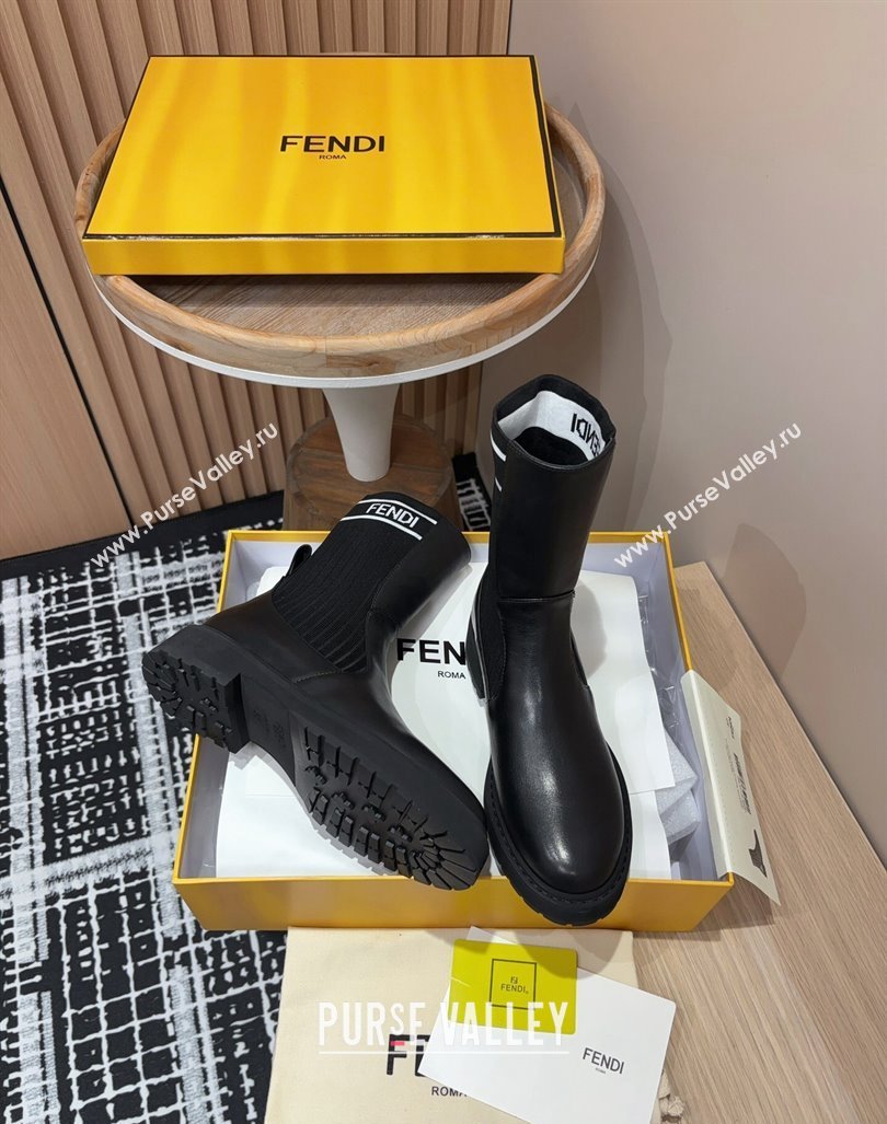 Fendi Rockoko Ankle Short Boots 3cm in Leather and Knit Black/White 2024 0930 (MD-240930097)