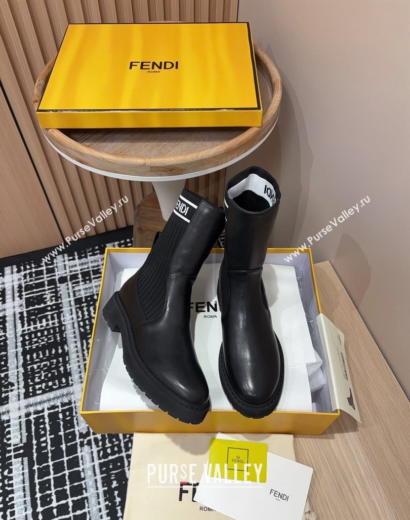 Fendi Rockoko Ankle Short Boots 3cm in Leather and Knit Black/White 2024 0930 (MD-240930097)