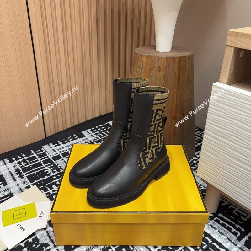 Fendi Rockoko Ankle Short Boots 3cm in Leather and Knit Black/Brown 2024 0930 (MD-240930098)