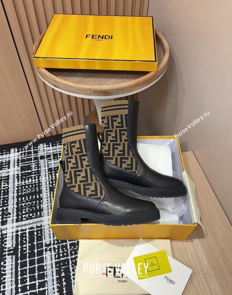 Fendi Rockoko Ankle Short Boots 3cm in Leather and Knit Black/Brown 2024 0930 (MD-240930098)