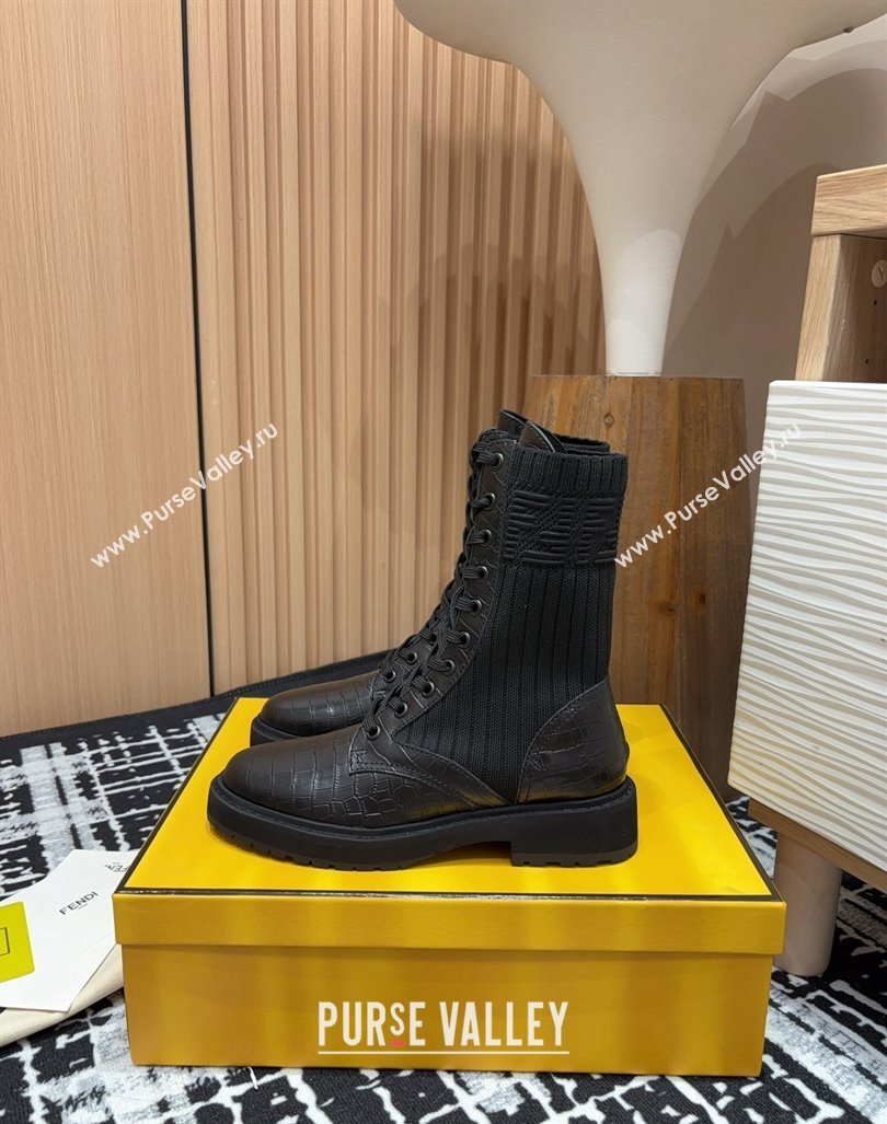 Fendi Rockoko Lace-up Ankle Boots 3cm in Embossed Leather and Knit Black 2024 0930 (MD-240930099)