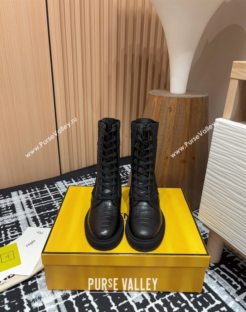 Fendi Rockoko Lace-up Ankle Boots 3cm in Embossed Leather and Knit Black 2024 0930 (MD-240930099)