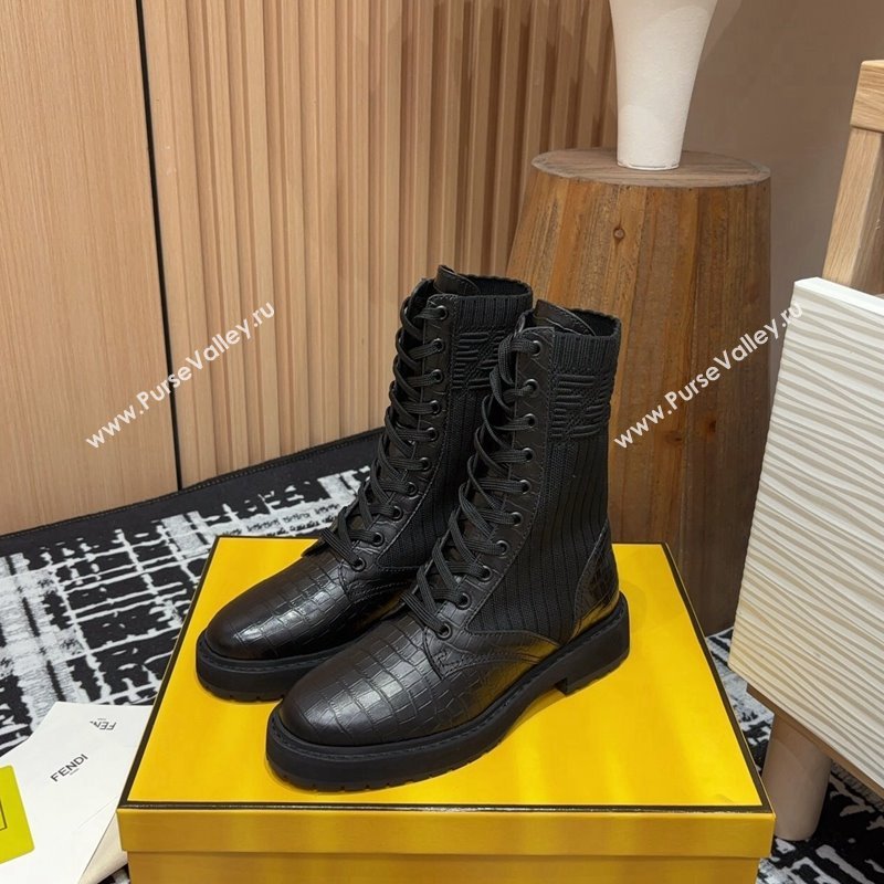 Fendi Rockoko Lace-up Ankle Boots 3cm in Embossed Leather and Knit Black 2024 0930 (MD-240930099)