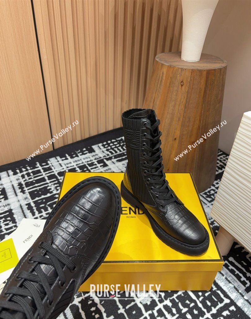 Fendi Rockoko Lace-up Ankle Boots 3cm in Embossed Leather and Knit Black 2024 0930 (MD-240930099)