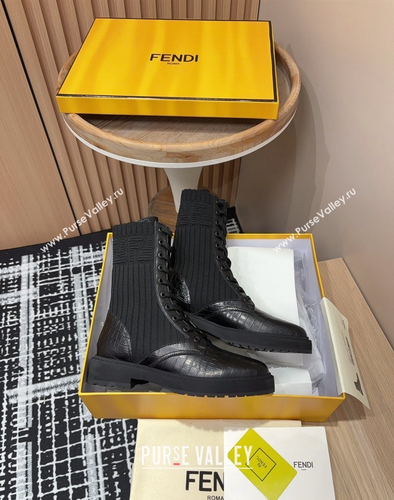 Fendi Rockoko Lace-up Ankle Boots 3cm in Embossed Leather and Knit Black 2024 0930 (MD-240930099)