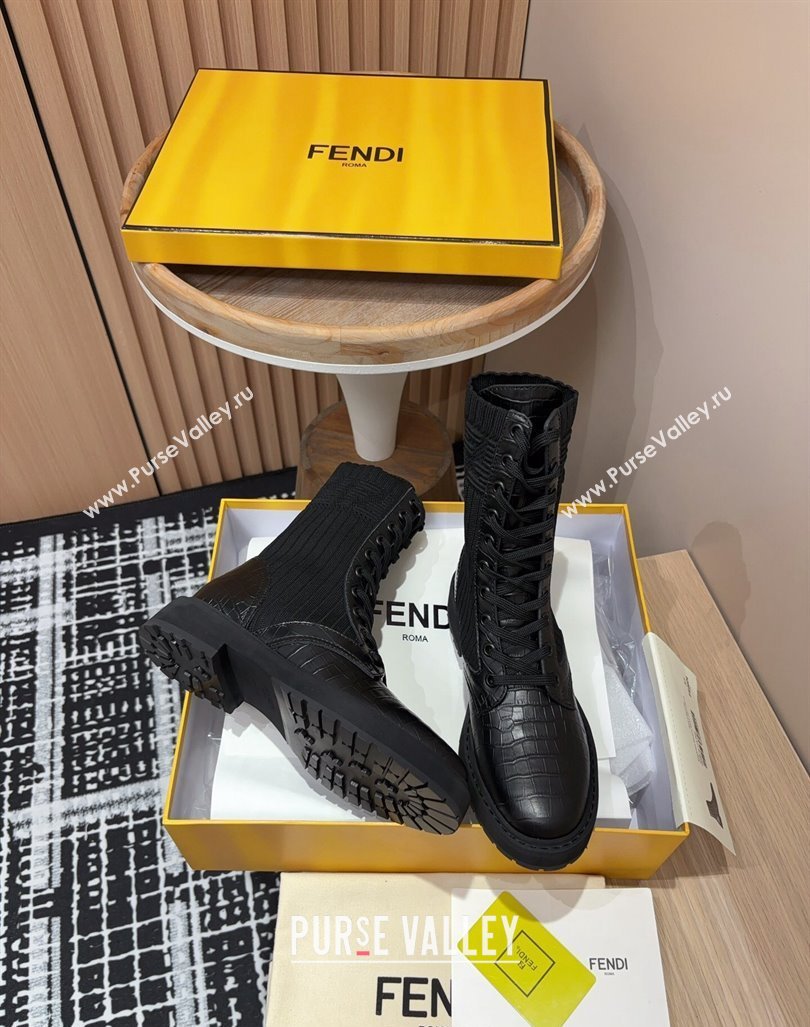 Fendi Rockoko Lace-up Ankle Boots 3cm in Embossed Leather and Knit Black 2024 0930 (MD-240930099)