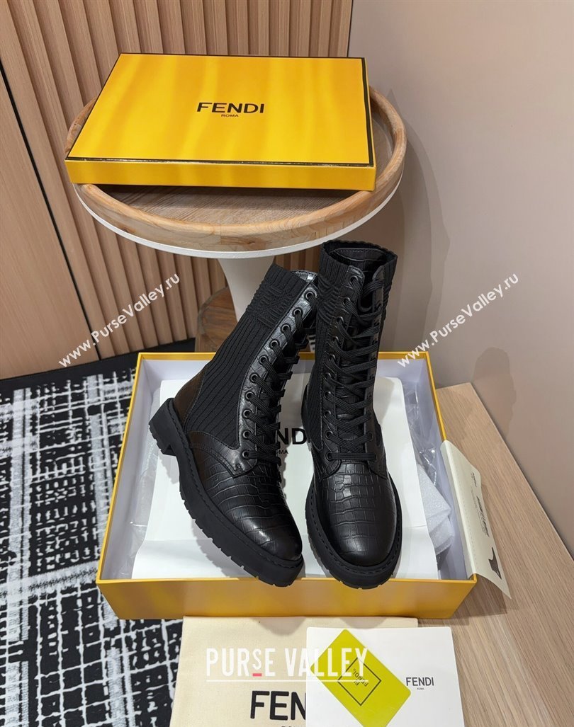 Fendi Rockoko Lace-up Ankle Boots 3cm in Embossed Leather and Knit Black 2024 0930 (MD-240930099)