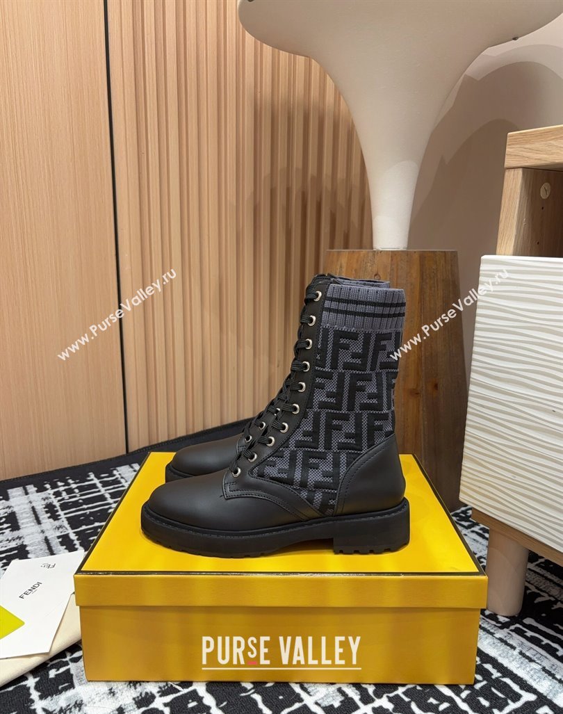 Fendi Rockoko Lace-up Ankle Boots 3cm in Leather and Knit Black/Grey 2024 0930 (MD-240930100)