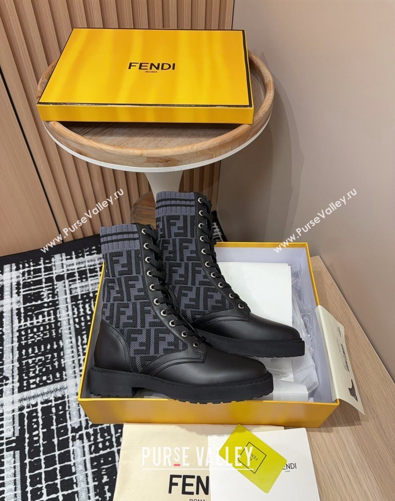 Fendi Rockoko Lace-up Ankle Boots 3cm in Leather and Knit Black/Grey 2024 0930 (MD-240930100)