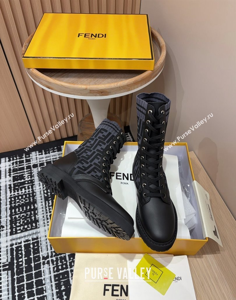 Fendi Rockoko Lace-up Ankle Boots 3cm in Leather and Knit Black/Grey 2024 0930 (MD-240930100)