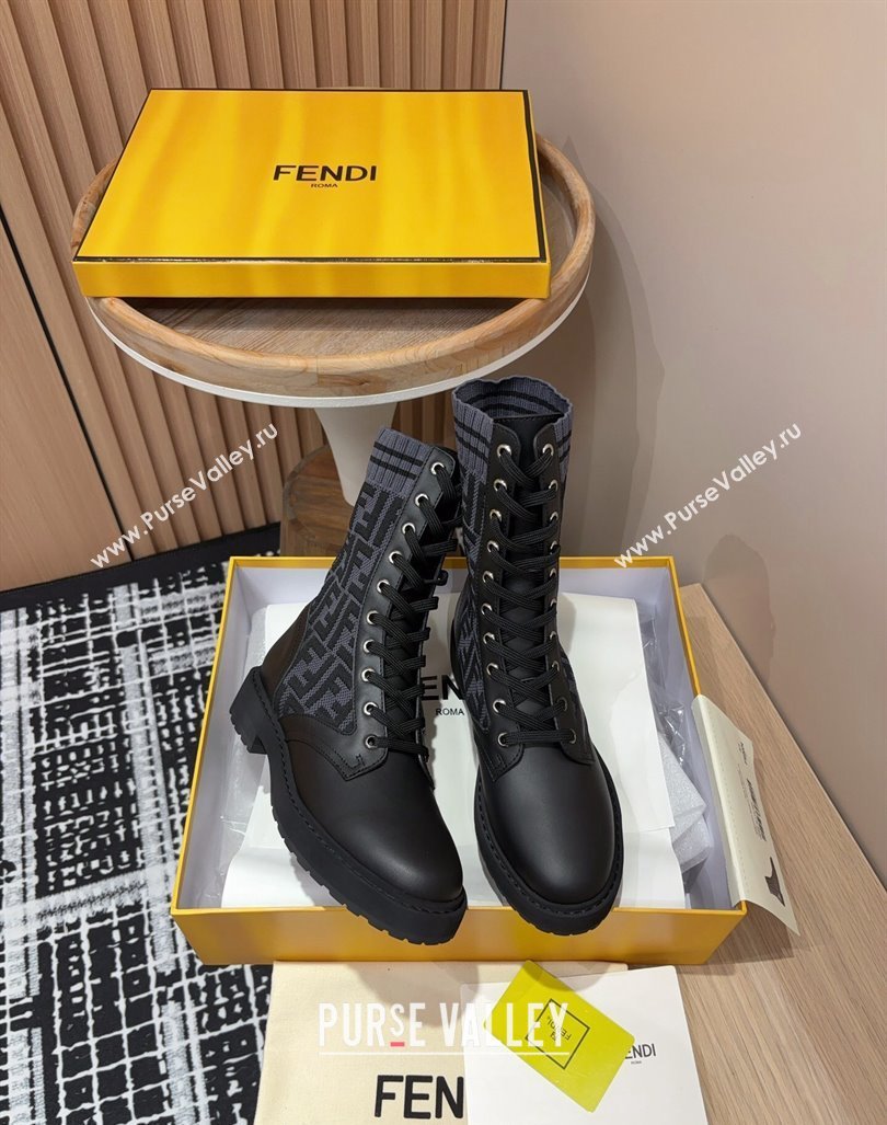 Fendi Rockoko Lace-up Ankle Boots 3cm in Leather and Knit Black/Grey 2024 0930 (MD-240930100)