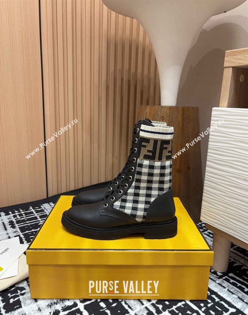 Fendi Rockoko Lace-up Ankle Boots 3cm in Leather and Knit Black/Check 2024 0930 (MD-240930101)