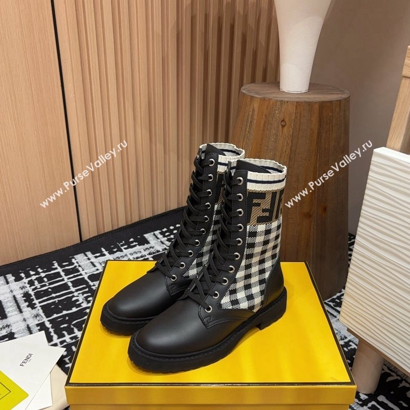 Fendi Rockoko Lace-up Ankle Boots 3cm in Leather and Knit Black/Check 2024 0930 (MD-240930101)