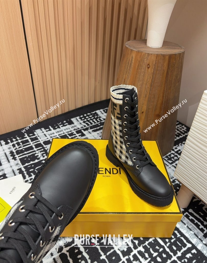 Fendi Rockoko Lace-up Ankle Boots 3cm in Leather and Knit Black/Check 2024 0930 (MD-240930101)