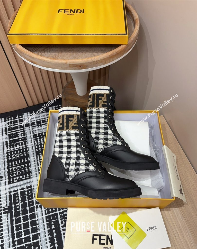 Fendi Rockoko Lace-up Ankle Boots 3cm in Leather and Knit Black/Check 2024 0930 (MD-240930101)