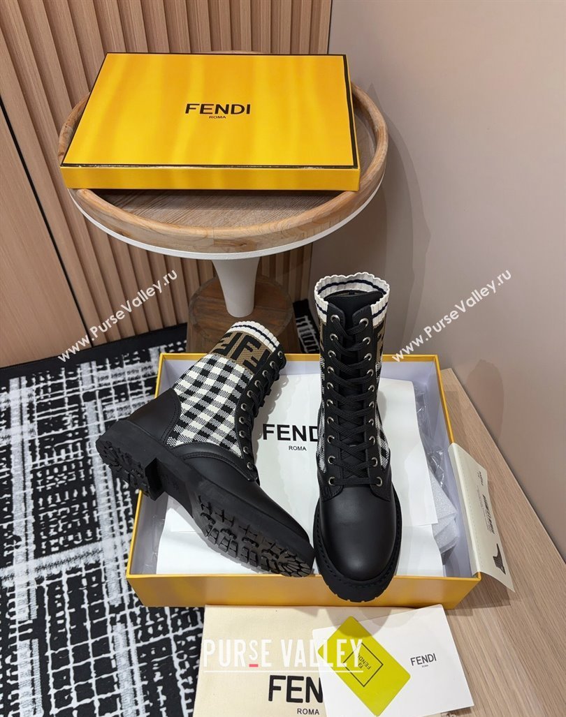 Fendi Rockoko Lace-up Ankle Boots 3cm in Leather and Knit Black/Check 2024 0930 (MD-240930101)