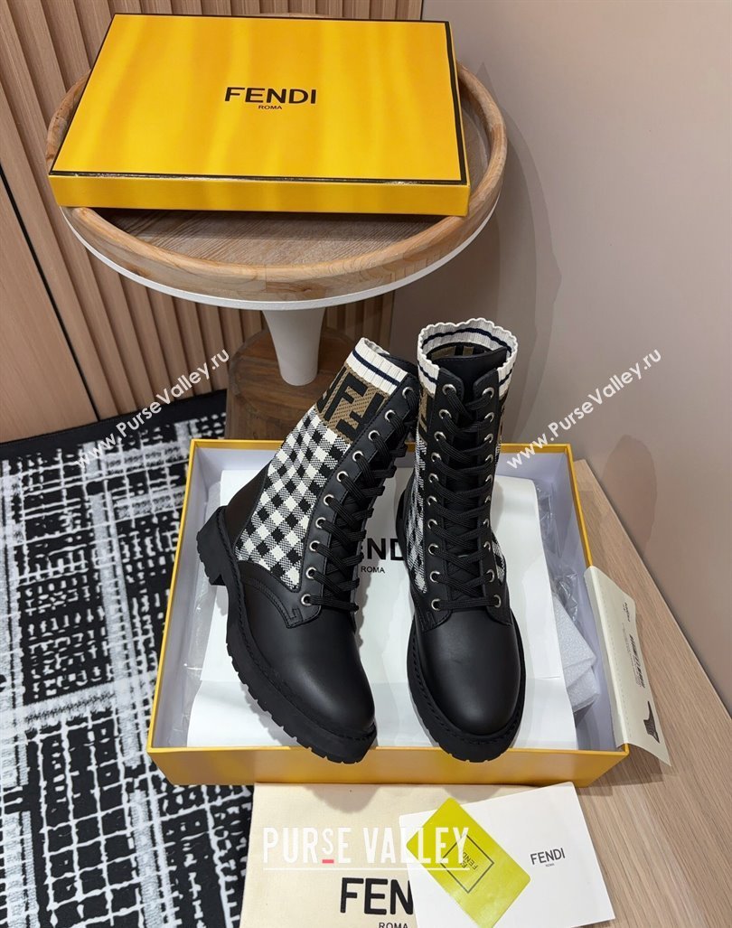 Fendi Rockoko Lace-up Ankle Boots 3cm in Leather and Knit Black/Check 2024 0930 (MD-240930101)