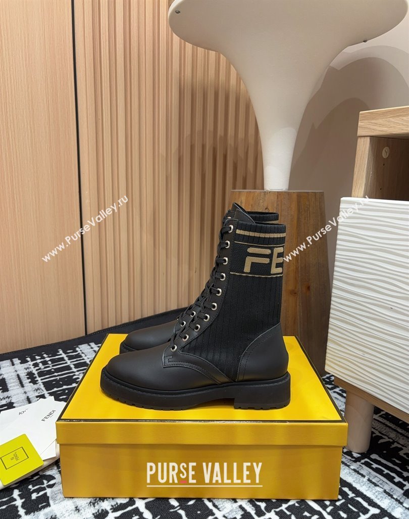 Fendi Rockoko Lace-up Ankle Boots 3cm in Leather and Knit Black1/Brown2 2024 0930 (MD-240930102)