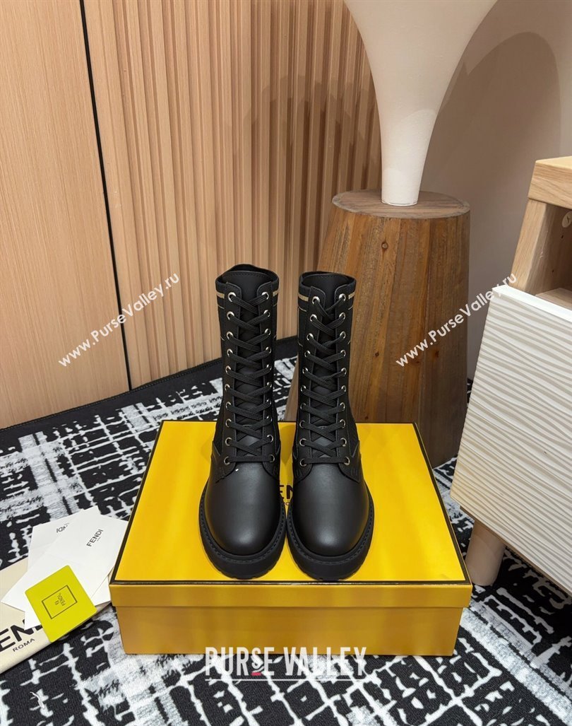 Fendi Rockoko Lace-up Ankle Boots 3cm in Leather and Knit Black1/Brown2 2024 0930 (MD-240930102)