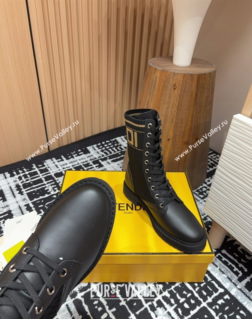 Fendi Rockoko Lace-up Ankle Boots 3cm in Leather and Knit Black1/Brown2 2024 0930 (MD-240930102)