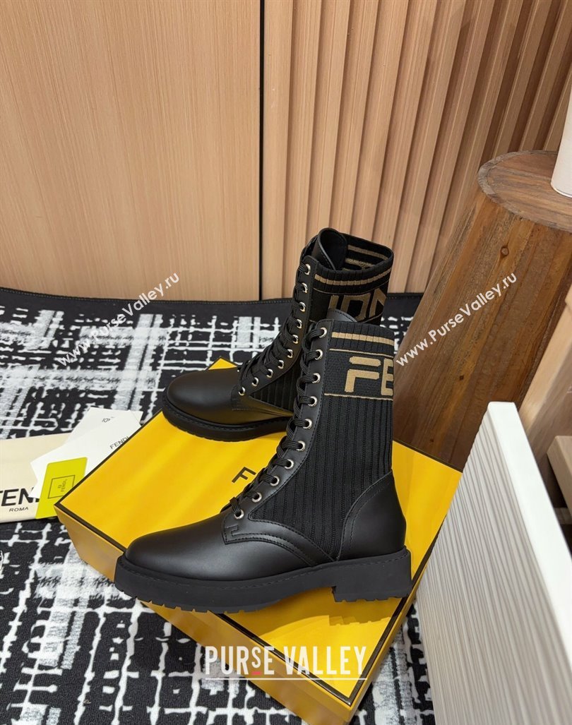 Fendi Rockoko Lace-up Ankle Boots 3cm in Leather and Knit Black1/Brown2 2024 0930 (MD-240930102)