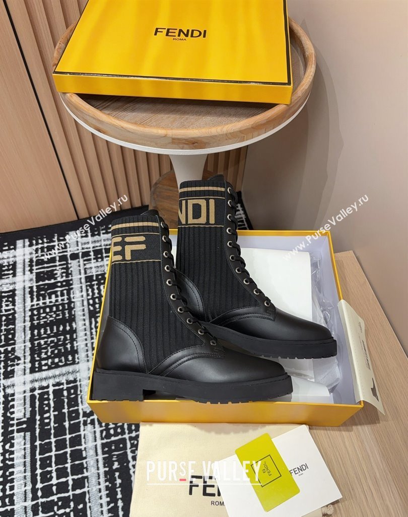 Fendi Rockoko Lace-up Ankle Boots 3cm in Leather and Knit Black1/Brown2 2024 0930 (MD-240930102)