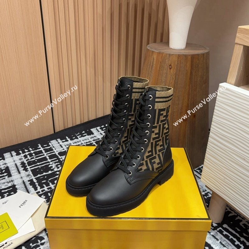 Fendi Rockoko Lace-up Ankle Boots 3cm in Leather and Knit Black/Light Brown 2024 0930 (MD-240930103)