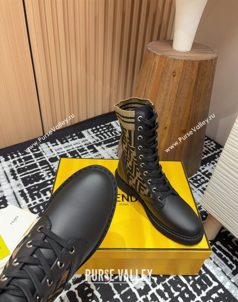 Fendi Rockoko Lace-up Ankle Boots 3cm in Leather and Knit Black/Light Brown 2024 0930 (MD-240930103)