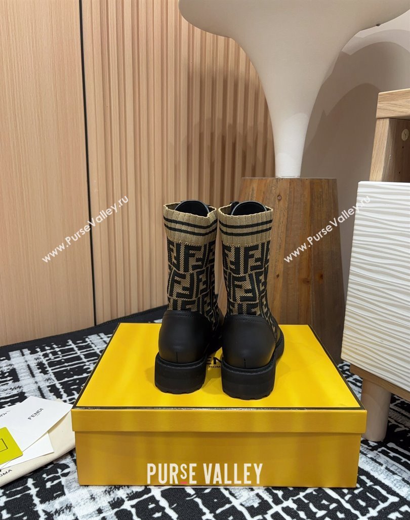 Fendi Rockoko Lace-up Ankle Boots 3cm in Leather and Knit Black/Light Brown 2024 0930 (MD-240930103)