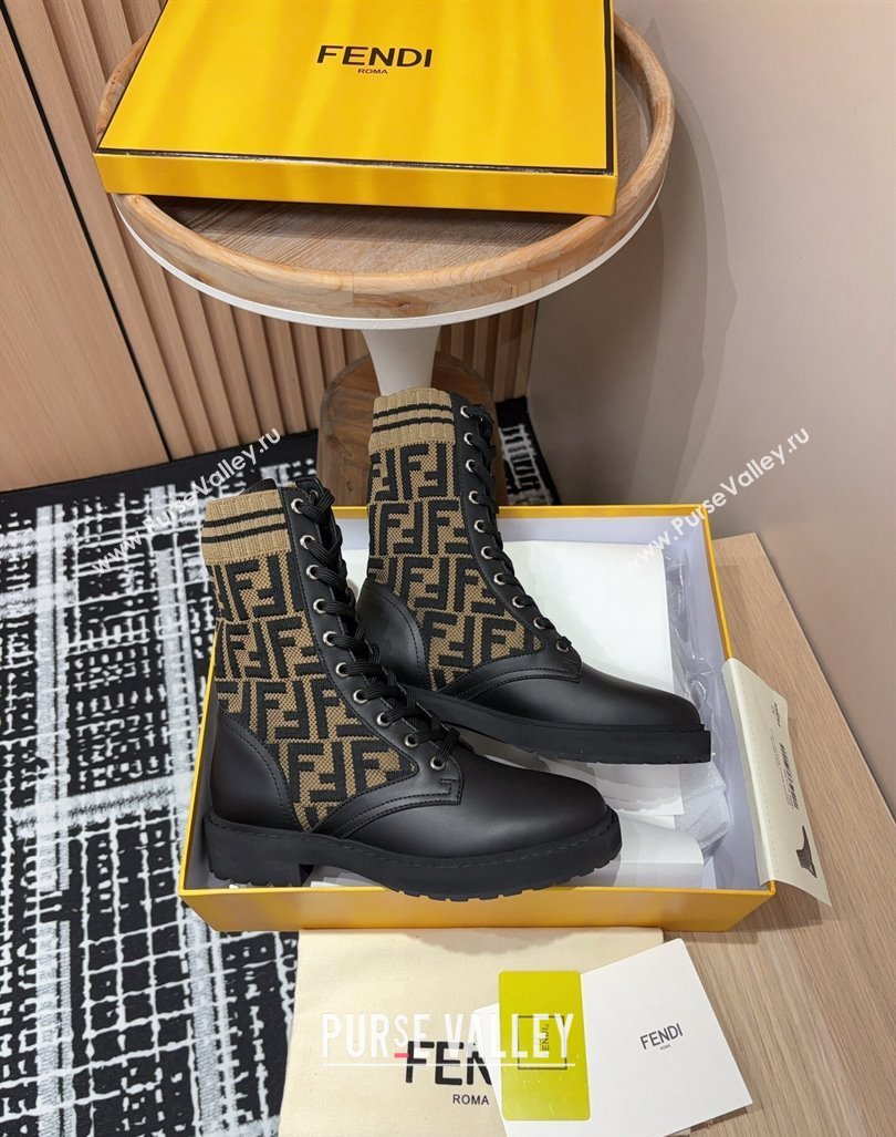 Fendi Rockoko Lace-up Ankle Boots 3cm in Leather and Knit Black/Light Brown 2024 0930 (MD-240930103)