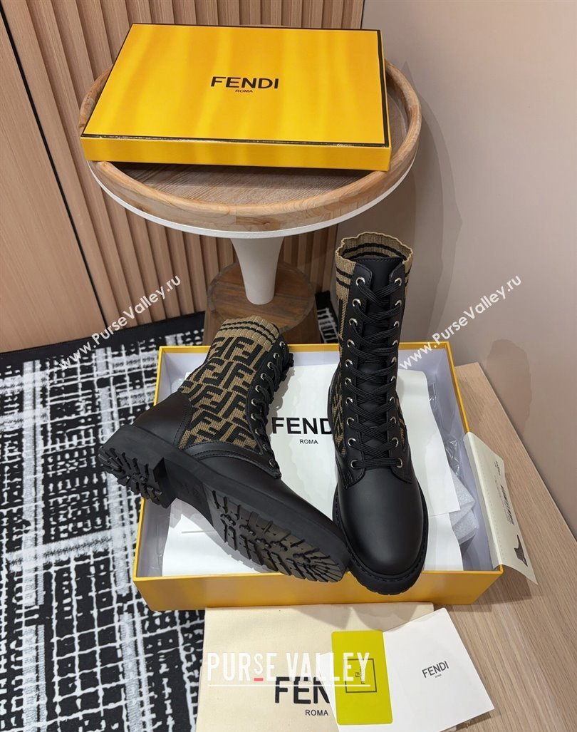 Fendi Rockoko Lace-up Ankle Boots 3cm in Leather and Knit Black/Light Brown 2024 0930 (MD-240930103)