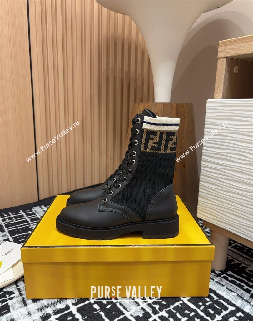 Fendi Rockoko Lace-up Ankle Boots 3cm in Leather and Knit Black/Brown/White 2024 0930 (MD-240930104)