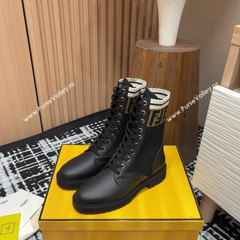 Fendi Rockoko Lace-up Ankle Boots 3cm in Leather and Knit Black/Brown/White 2024 0930 (MD-240930104)