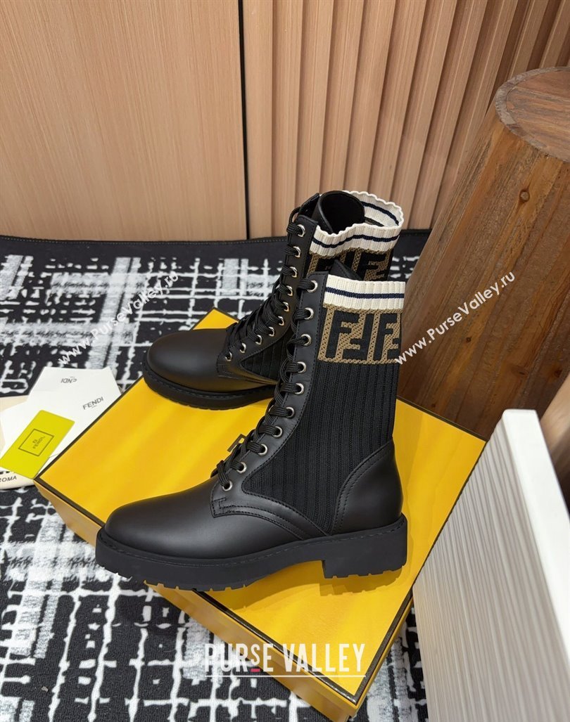 Fendi Rockoko Lace-up Ankle Boots 3cm in Leather and Knit Black/Brown/White 2024 0930 (MD-240930104)