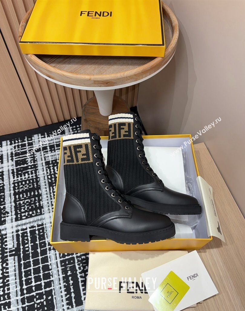 Fendi Rockoko Lace-up Ankle Boots 3cm in Leather and Knit Black/Brown/White 2024 0930 (MD-240930104)