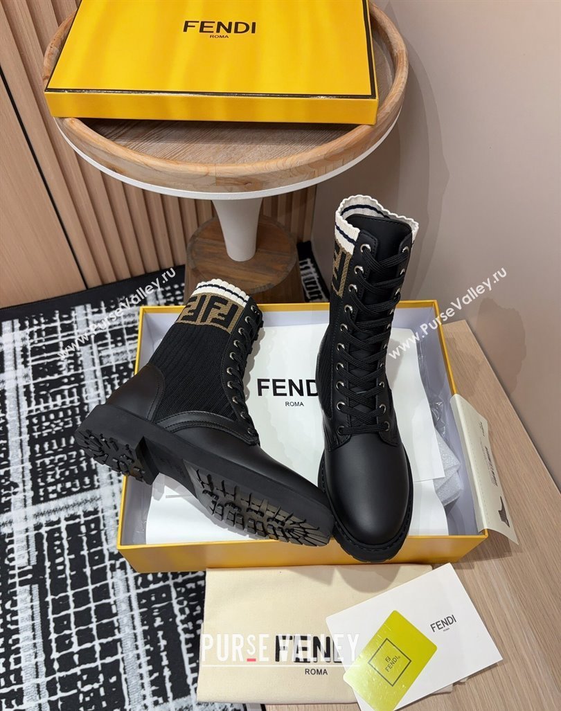 Fendi Rockoko Lace-up Ankle Boots 3cm in Leather and Knit Black/Brown/White 2024 0930 (MD-240930104)