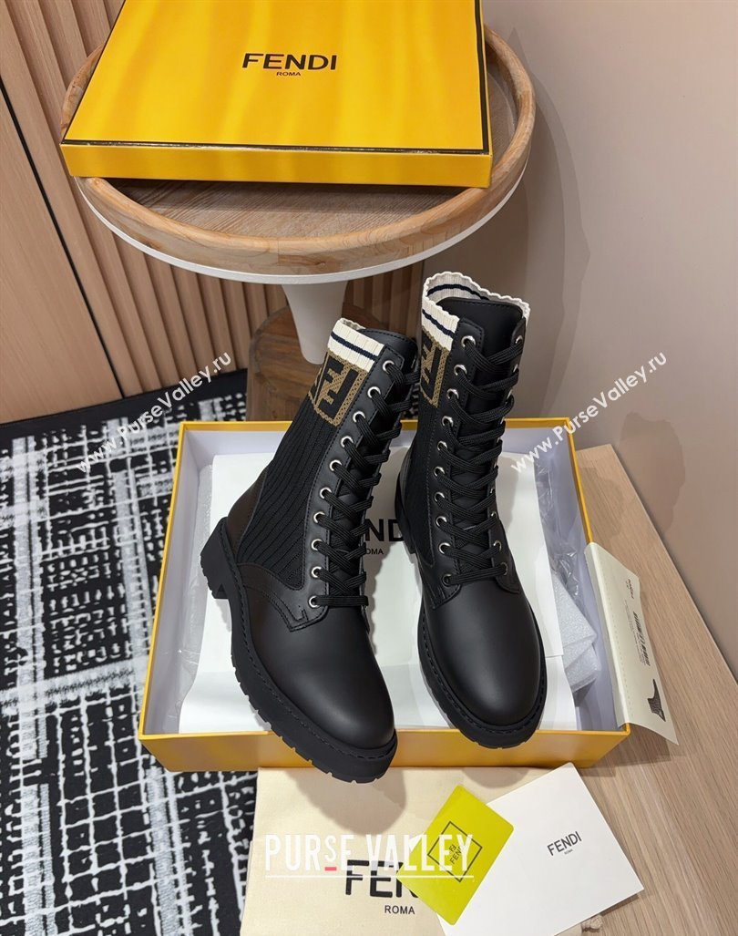 Fendi Rockoko Lace-up Ankle Boots 3cm in Leather and Knit Black/Brown/White 2024 0930 (MD-240930104)