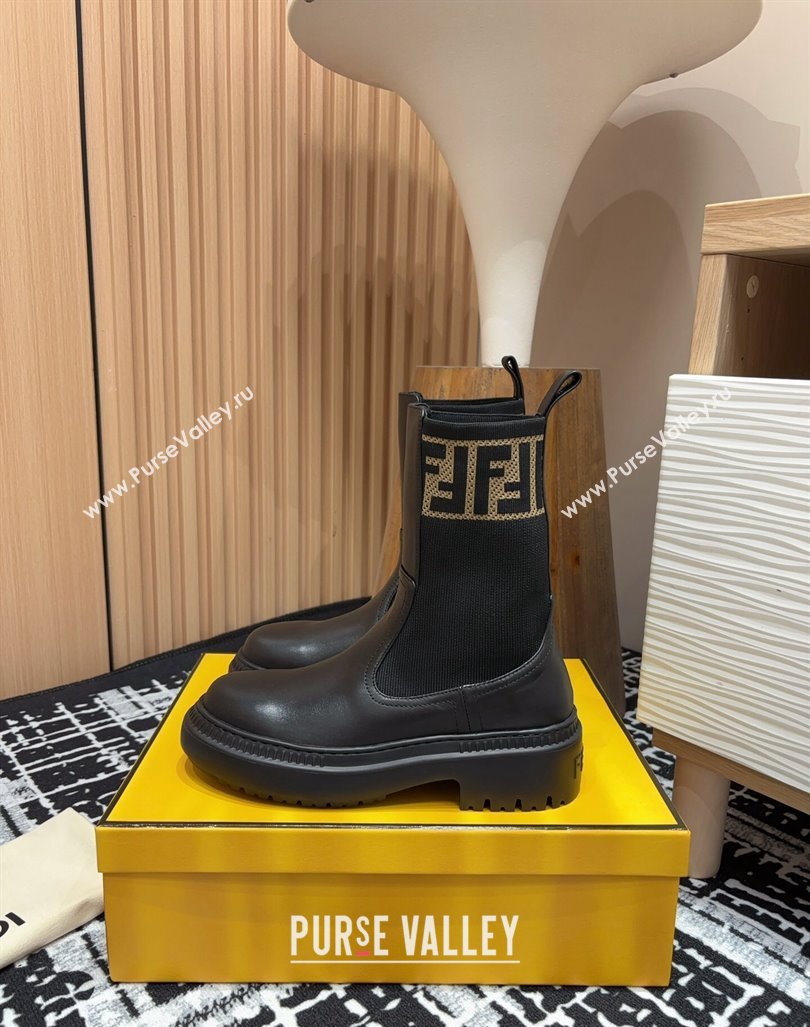 Fendi Domino Platform Ankle Short Boots in Leather and Knit Black1 2024 093001 (MD-240930105)