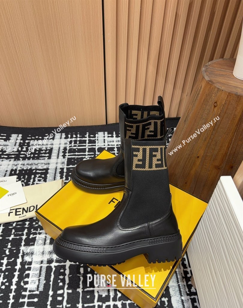 Fendi Domino Platform Ankle Short Boots in Leather and Knit Black1 2024 093001 (MD-240930105)