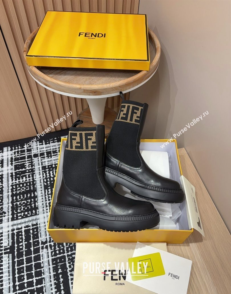 Fendi Domino Platform Ankle Short Boots in Leather and Knit Black1 2024 093001 (MD-240930105)