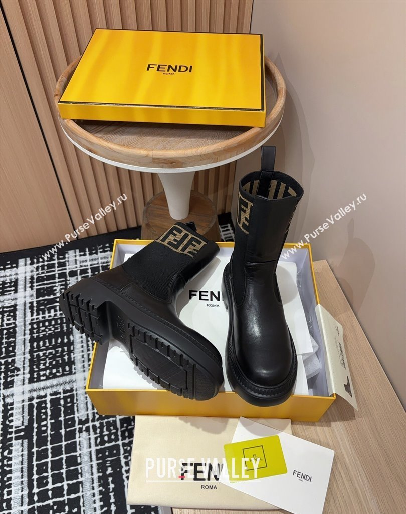 Fendi Domino Platform Ankle Short Boots in Leather and Knit Black1 2024 093001 (MD-240930105)