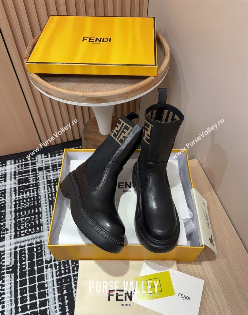 Fendi Domino Platform Ankle Short Boots in Leather and Knit Black1 2024 093001 (MD-240930105)