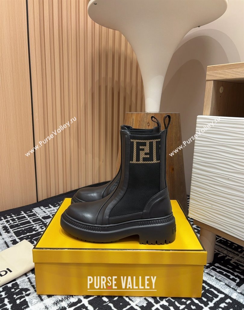 Fendi Domino Platform Ankle Short Boots in Leather and Knit Black2 2024 093001 (MD-240930106)