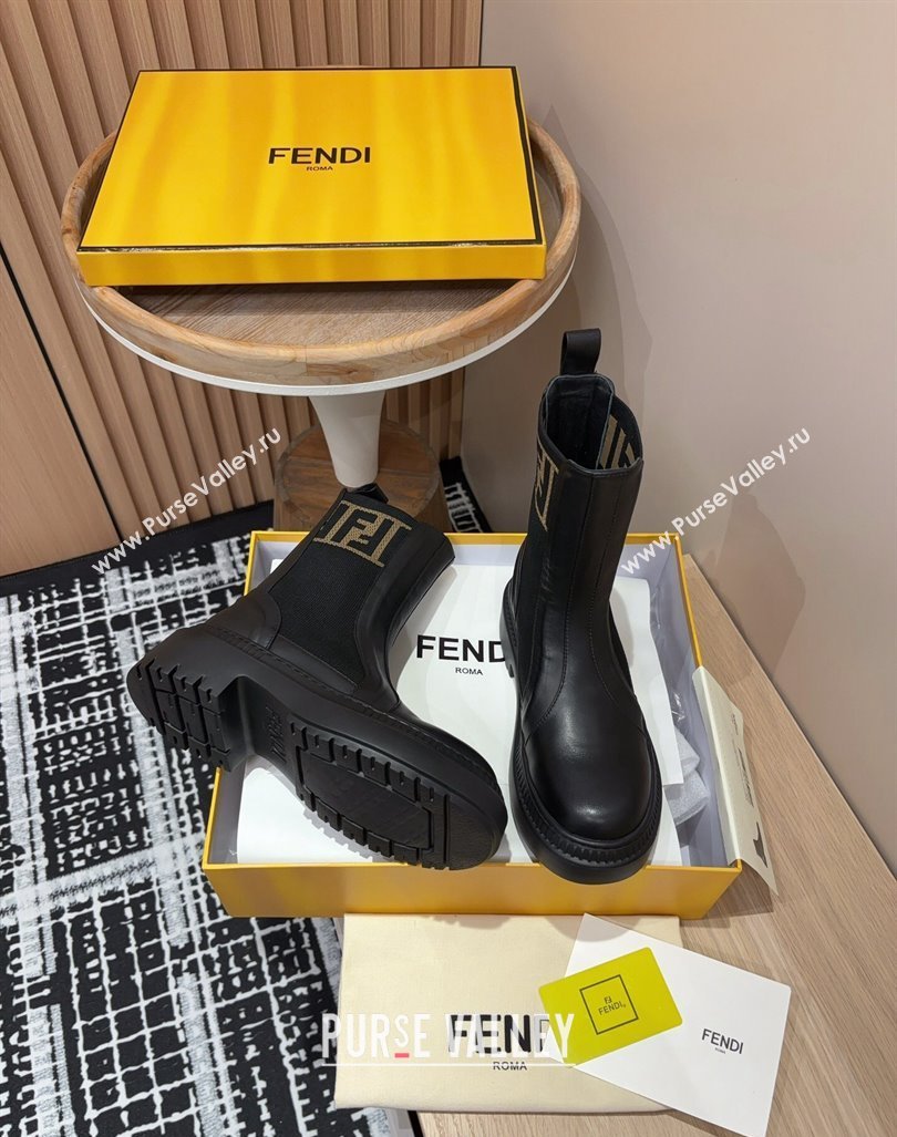 Fendi Domino Platform Ankle Short Boots in Leather and Knit Black2 2024 093001 (MD-240930106)