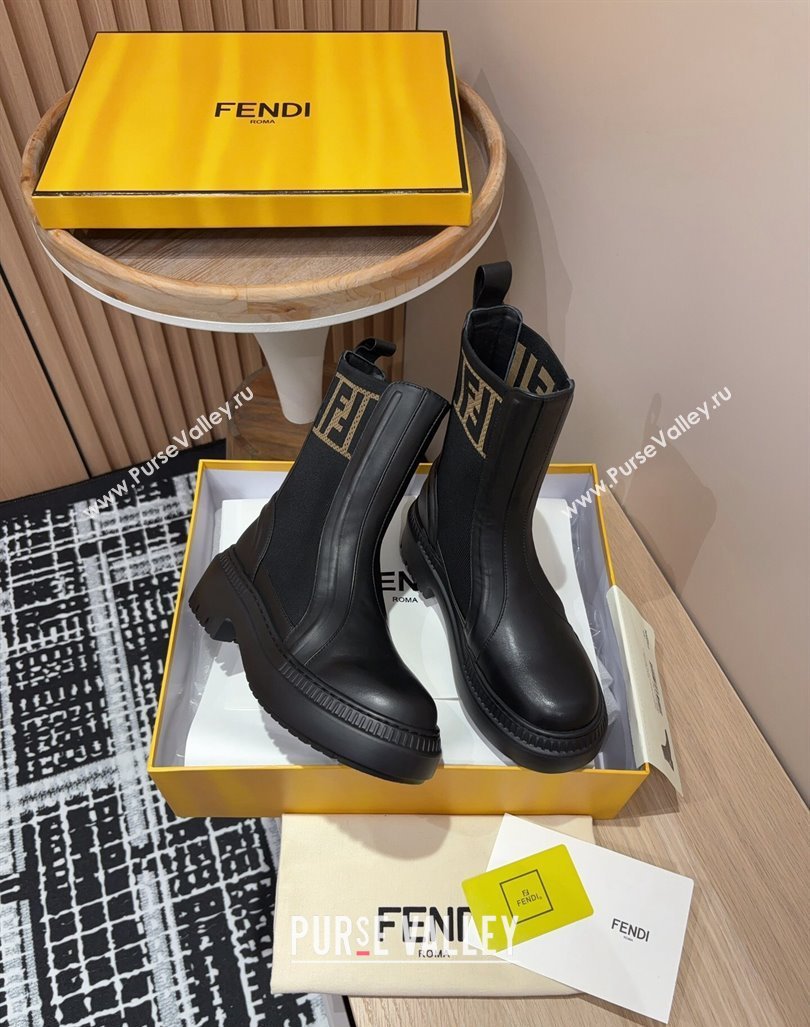 Fendi Domino Platform Ankle Short Boots in Leather and Knit Black2 2024 093001 (MD-240930106)