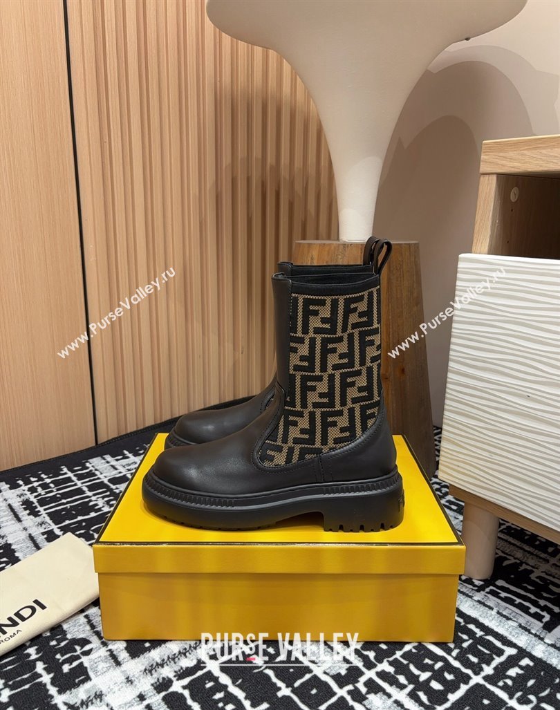 Fendi Domino Platform Ankle Short Boots in Leather and Knit Black/Brown 1 2024 0930 (MD-240930107)