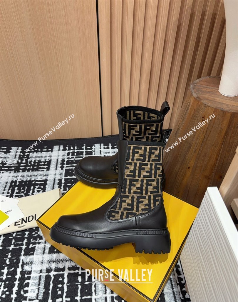 Fendi Domino Platform Ankle Short Boots in Leather and Knit Black/Brown 1 2024 0930 (MD-240930107)