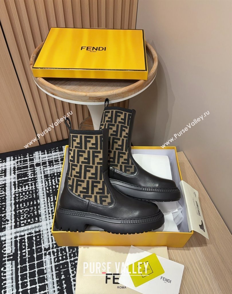 Fendi Domino Platform Ankle Short Boots in Leather and Knit Black/Brown 1 2024 0930 (MD-240930107)