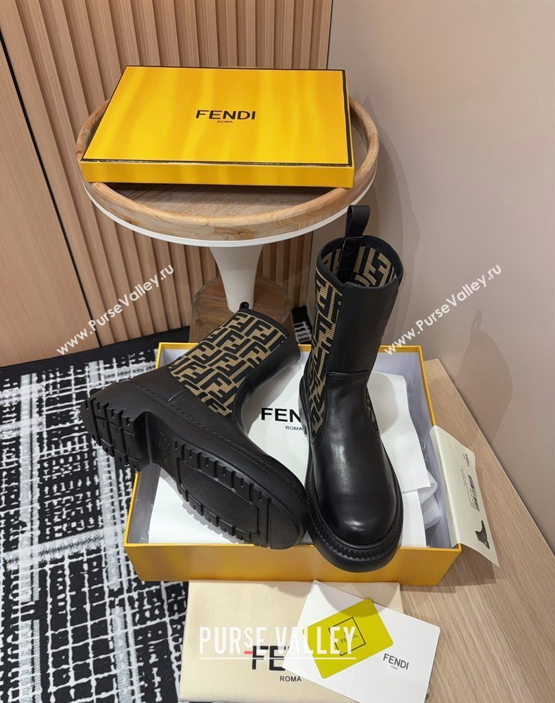 Fendi Domino Platform Ankle Short Boots in Leather and Knit Black/Brown 1 2024 0930 (MD-240930107)